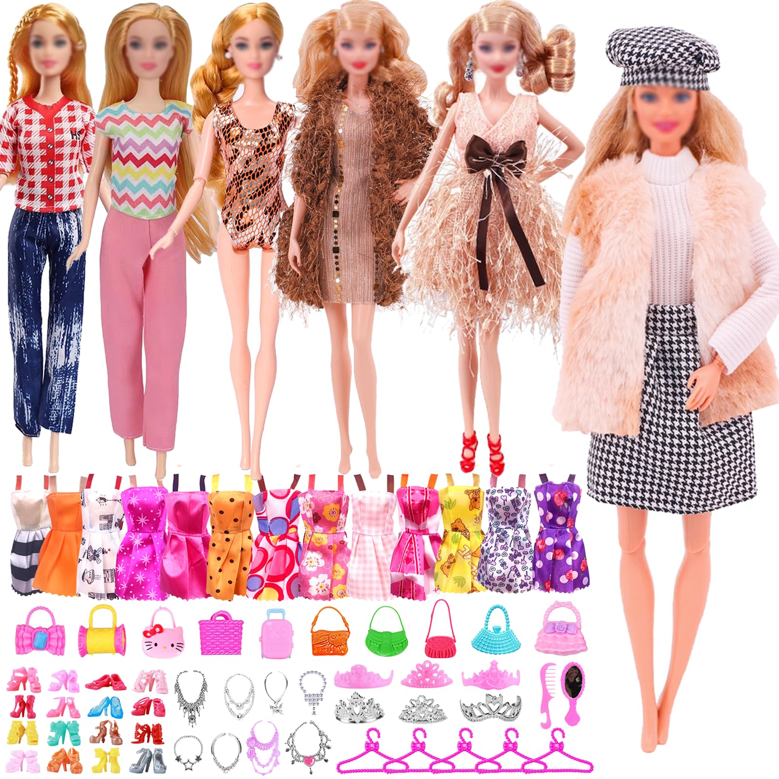 58 PCS Doll Clothes and Accessories, Include Long-sleeved Dress 4 Short-sleeved Shorts 1 Fashion Skirt 5 Swimsuit 10 Shoes 28 Accessories in Random