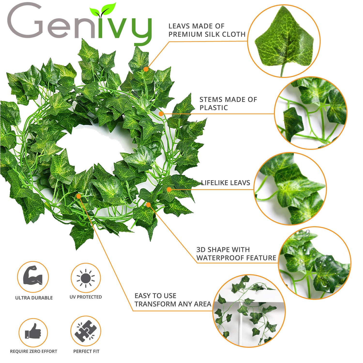 Ivy garland artificial faux plant 12pcs (84FT) Garland Fake Ivy Vine Hanging Plant for Home office garden Christmas Wedding indoor & outdoor party decorations.