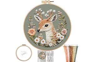 FONNUY Printed Deer and Floral Embroidery Kit with Hoop, Cross Stitch Kits for Beginners, Handmade Crafts, Easy to Follow Color Thread Needlework, 8'' Hoop (Deer and Blossoms)