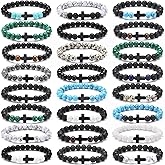 Huquary 24 Pcs Cross Beads Bracelet for Men Women 8mm Couple Cross Bracelets Black Christian Healing Lava Stone Stretch Turquoise Tiger Eye Stone Natural