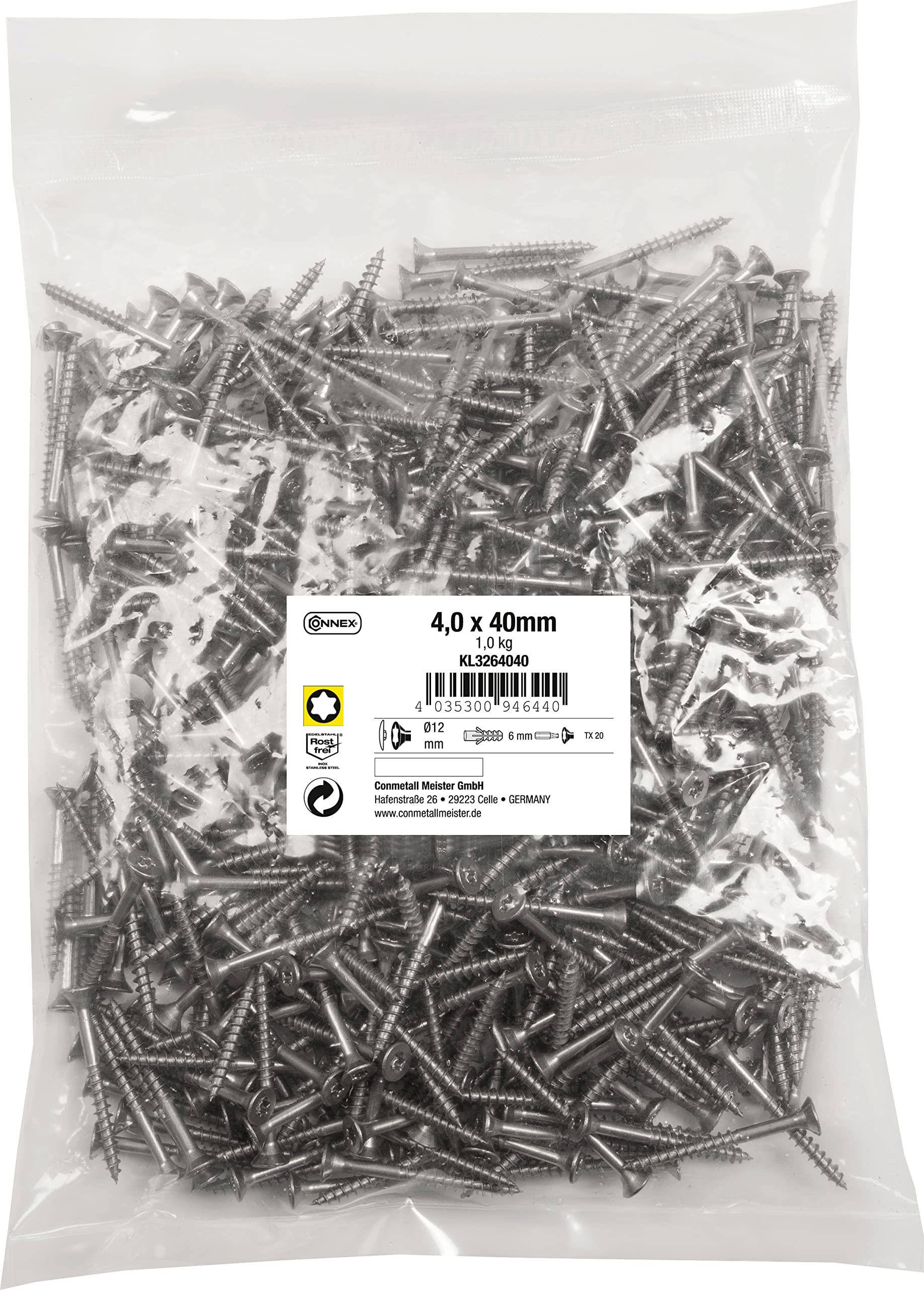 Connex KL3264040 Universal Screws 4.0 x 40 mm - 1 kg Bulk Pack - Countersunk Head - TX Drive - Partial Thread - Stainless Steel/Screw Set/Screws in Bag