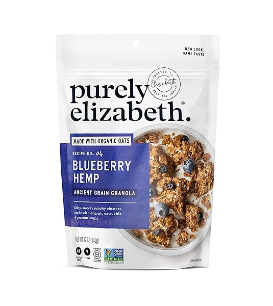 PURELY ELIZABETH ANCIENT GRAIN GRANOLA CERTIFIED GLUTENFREE VEGAN NONGMO COCONUT SUGAR DELICIOUS HEALTHY SNACK , BLUEBERRY HEMP, 12 OUNCE