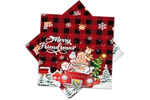 40Pcs Christmas Paper Napkins 6.5x6.5 Buffalo Plaid Design with Holiday Motifs 2-Ply with Vintage Truck & Snowmen Red and Bla