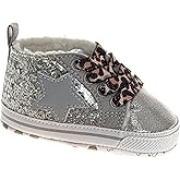 Josmo Infant Girls Fashion Sneakers Glitter High-Top Shoes - Star Patch Leopard Print Laces Lightweight Soft Sole (Size 2-4 Infant)
