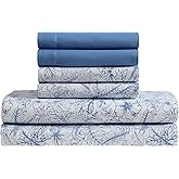 Caribbean Joe 6-Piece Sheet Set with Cooling Pillowcases, 12-inch Deep Pockets, Tropical Beach Coastal Design, Queen, Tropical Toile Blue