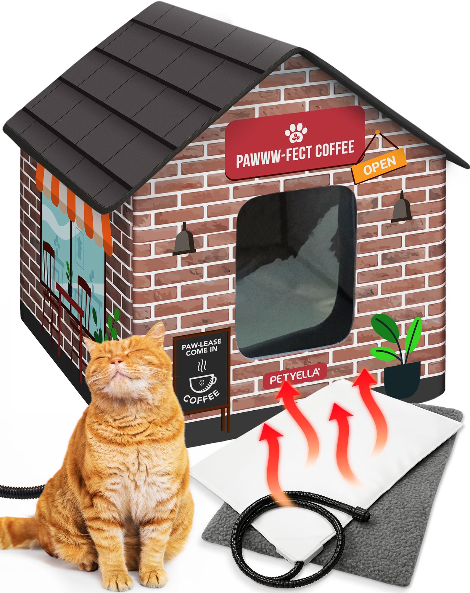 Deluxe Heated Cat House for Winter - Weatherproof, Insulated, Easy Assembly, Cat Heating Pad, Dual Escape Doors, Outdoor & Indoor Cat House - Coffee Pethouse Image