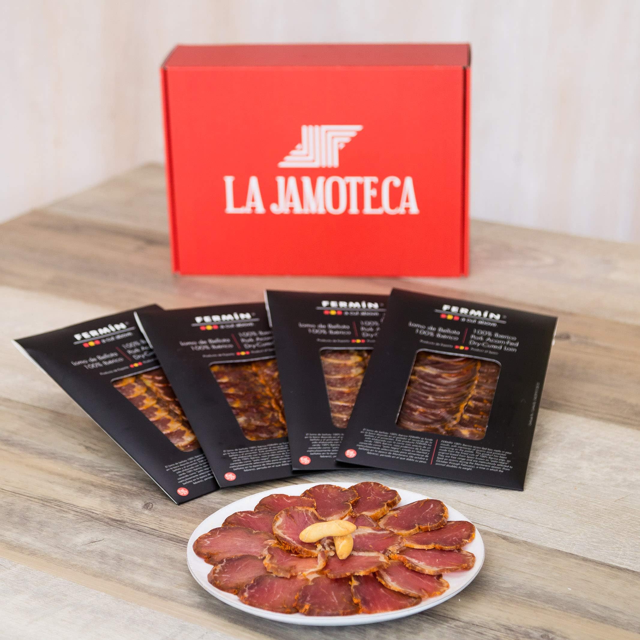 La Jamoteca- Iberico Pork de Bellota Cured Loin, Sliced, Between 10-12 Portions Per Package, 4 Packages of 2oz Each from Fermin