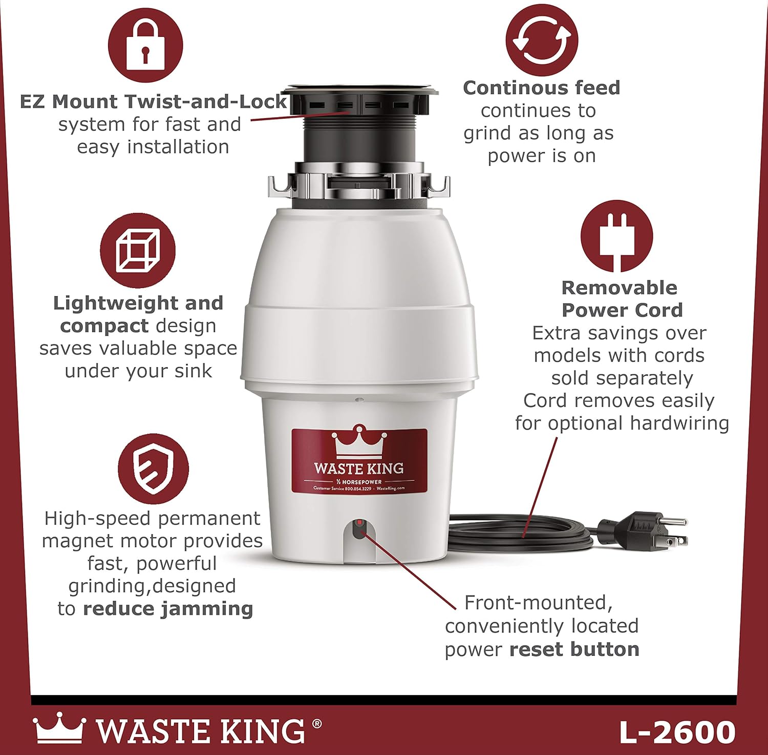 Waste King Legend Series 1/2 HP Continuous Feed Garbage Disposal with Power Cord - (L-2600) - Food Waste Disposers - 
