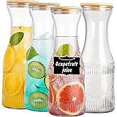 wookgreat Glass Carafe Pitchers with Lids, Set of 4 1 Liter Embossed Designed Beverage Pitcher Carafe Set for Mimosa Bar, Juice Container for Brunch, Cold Water, Juice -With 4 Wooden Chalkboard Tags