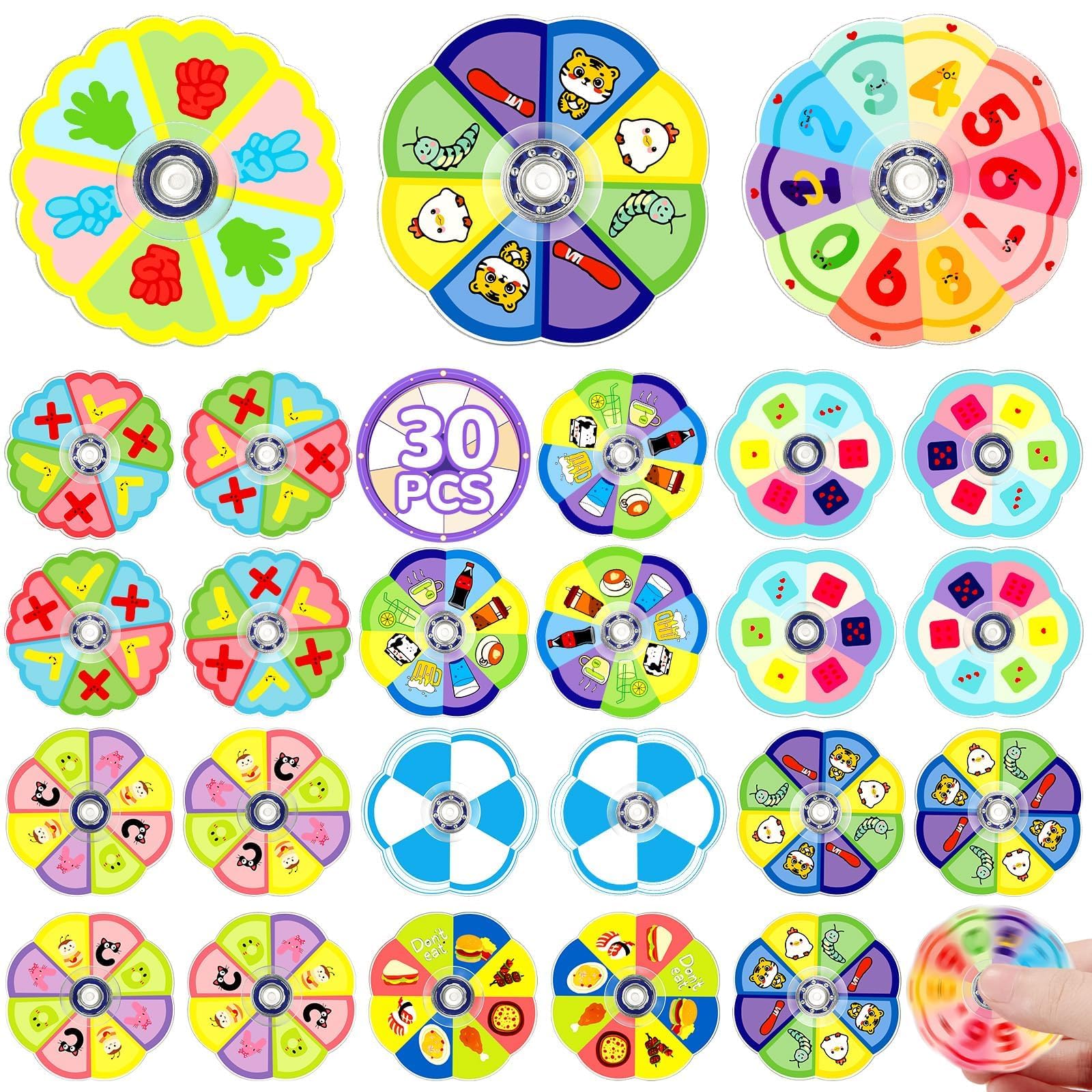 SCIONE 30 Pack Mini Educational Party Bag Fillers for Kids - Pattern Recognition Pass the Parcel Prizes with Insect, Animal, Number & Food Designs, Fidget Spinners for Classroom Rewards,Gifts (2 Inch)