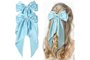 Furling Pompoms Oversized Hair Bows for Women,Large Satin Silky Hair Bow Clips Ribbon Long Tail French Barrette Hair Clamps Ponytail Hair Accessories Party Wedding (Sky Blue)
