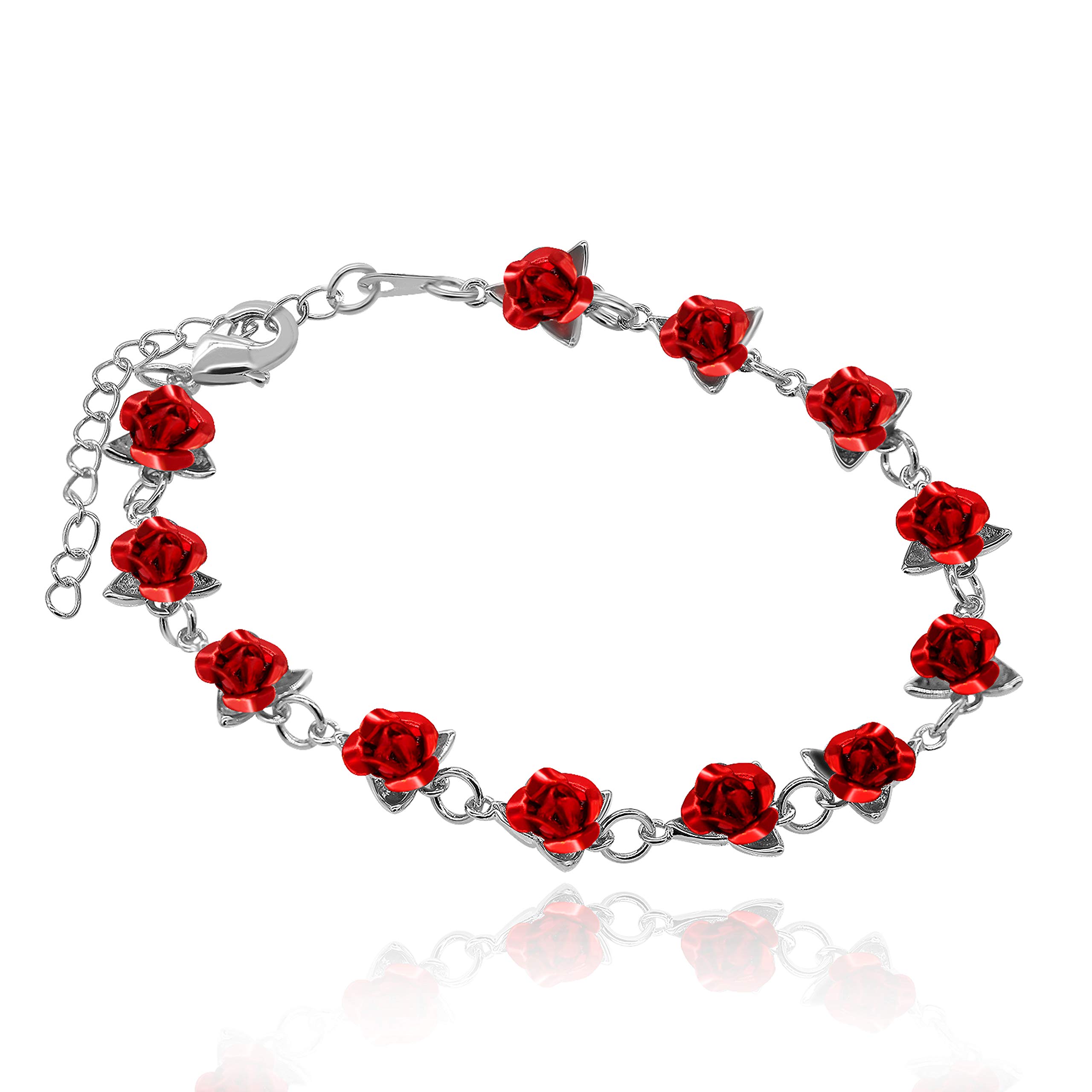 Uloveido Charm Red Flowers Bracelet Accessories for Women, Platinum Plated Exquisite Bracelets Cuff with 12 pcs Red Rose Flowers (Silver Color) Y452