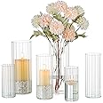 Glasseam Ribbed Glass Candle Holder, Cylinder Candle Holders for Pillar Candles, Clear Hurricane Candle Holder Set of 6, Deco