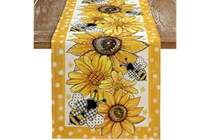 ARKENY Summer Table Runner 13x72 Inches, Sunflower Bee Yellow Seasonal Farmhouse Polka Dot Burlap Indoor Kitchen Anniversary Dining Table Decor for Home Party AT611-72