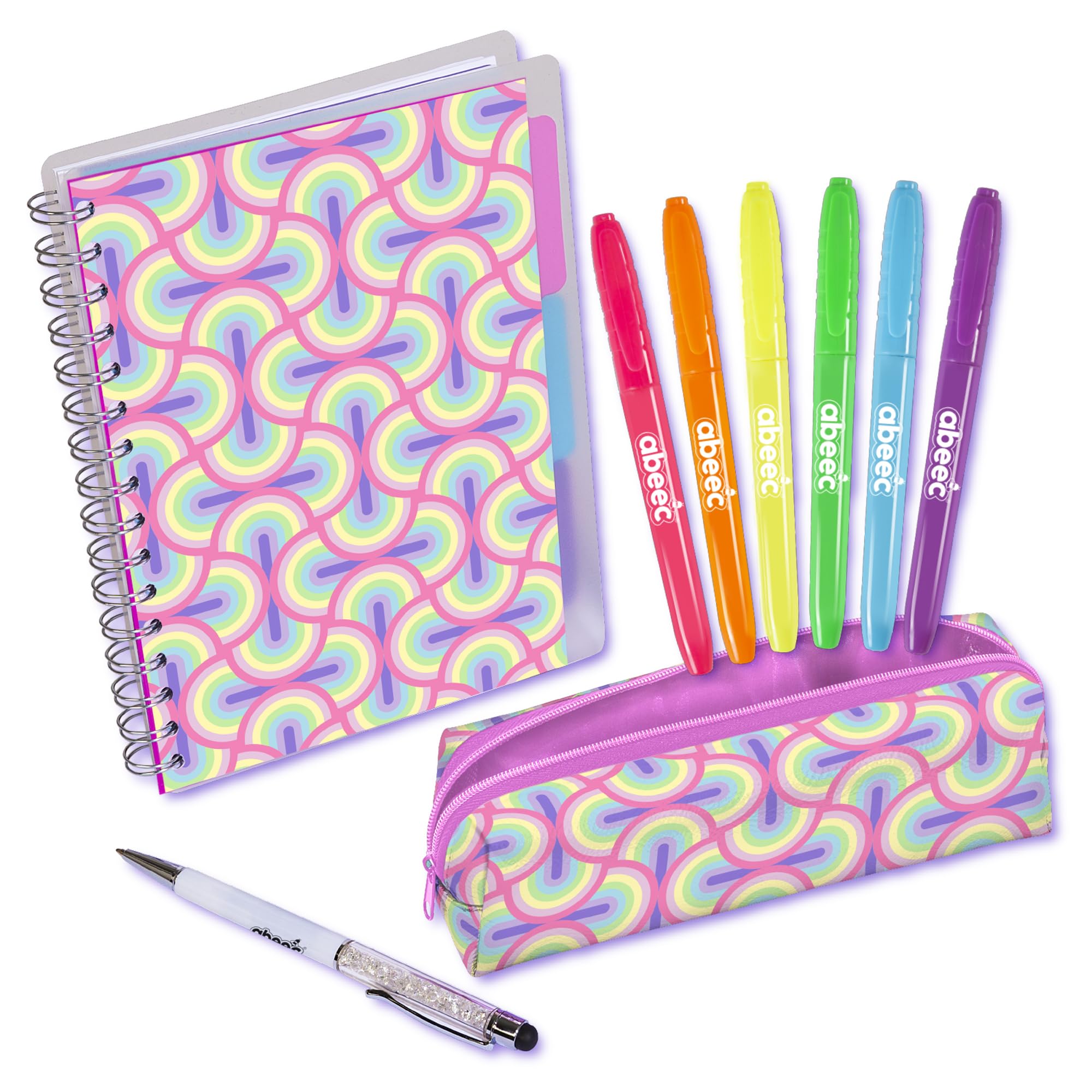 abeec Stationery Set for Girls - School Supplies for Kids - A5 Notebook, Ballpoint Pen with Stylus, Pencil Case and 6 Neon Highlighters