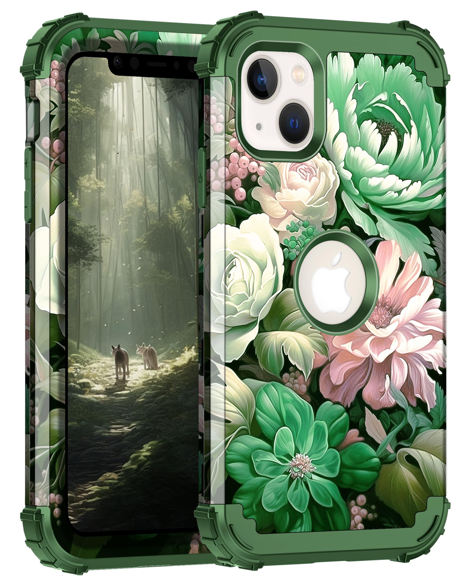 LONTECT for iPhone 13 Case 3 in 1 Shockproof Heavy Duty Rugged Hard PC+Soft Silicone Full Body Protective Cover Girls Women Case for Apple iPhone 13 6.1 inch,Green Flower