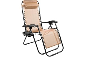 Elevon Zero Gravity Chair with Cup Holder & Removable Pillow, Adjustable Reclining Outdoor Patio Folding Chairs for Adults Portable Lounge Chair Furniture for Poolside, Lawn, Beach, Camping, Beige