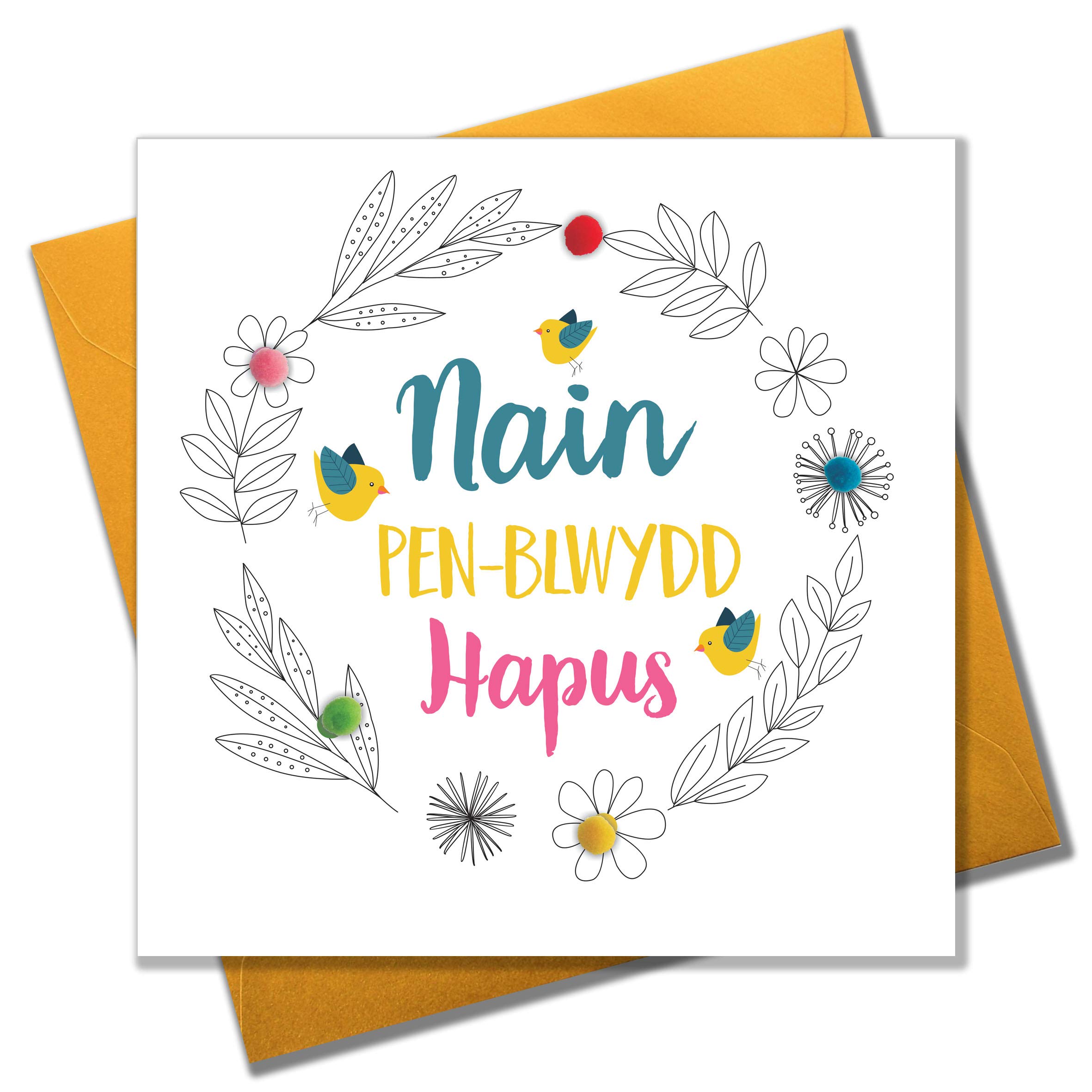 Claire Giles Greeting Cards, Welsh Happy Birthday Granny Card, Penblwydd Hapus Nain, Birds design Birthday Greeting Card, Pompom Embellished