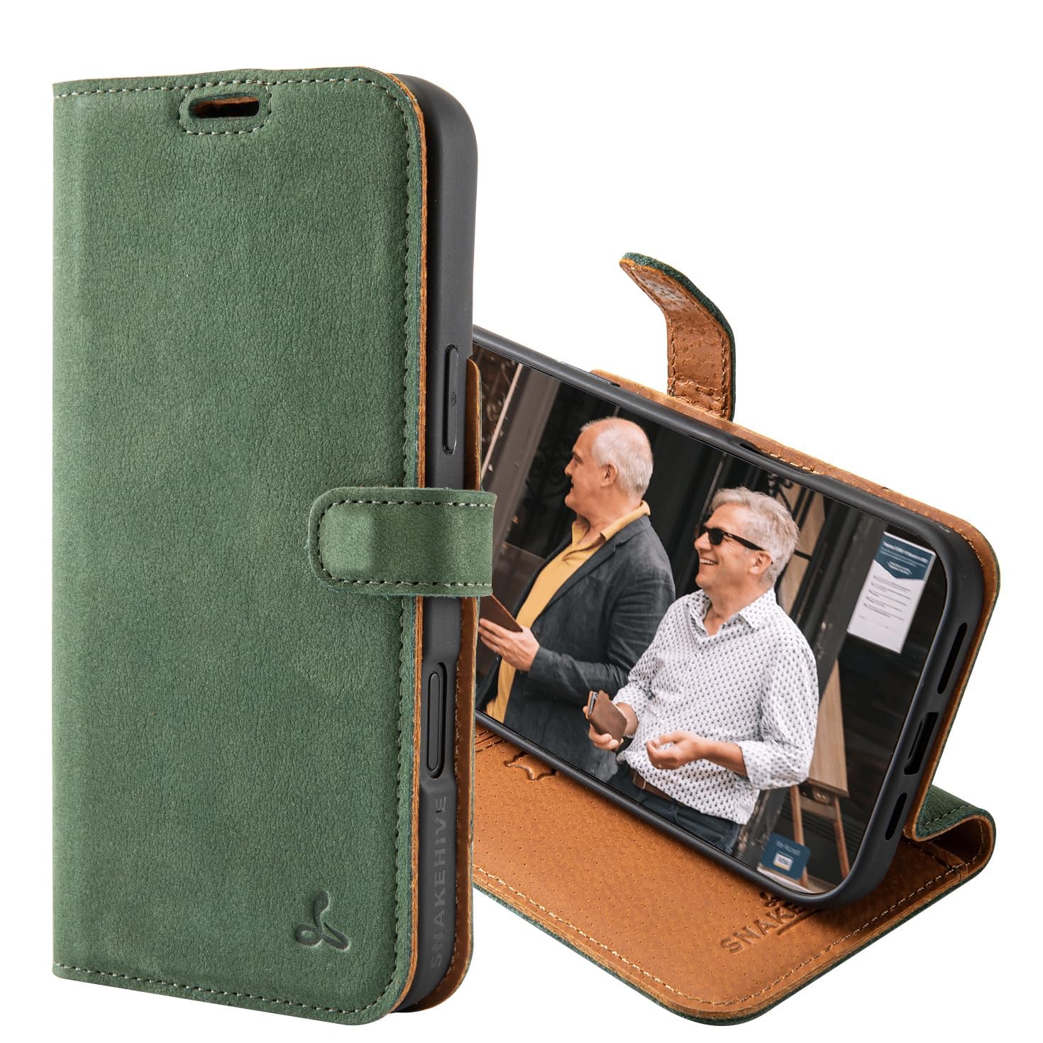 Snakehive Leather Wallet for iPhone 16 Pro Max - Real Leather Wallet Phone Case with Viewing Stand and Card Holder - Flip Folio Cover with Card Slots (Green)