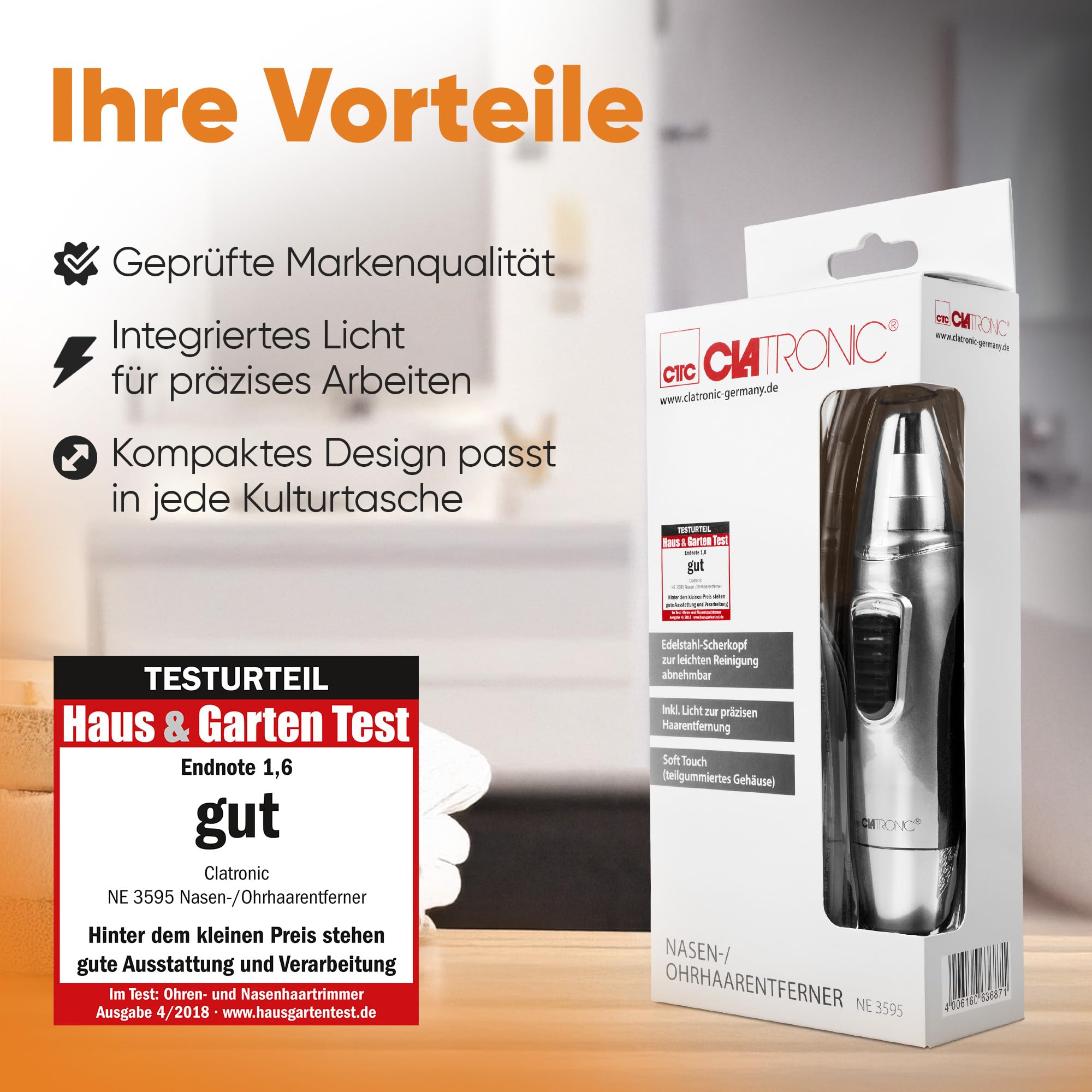 Clatronic® Nasenhaartrimmer Herren | auch für Ohrhaare | mit Licht | Soft-Touch-Gehäuse | Edelstahl-Scherkopf (abnehmbar) | Nasenhaarentferner | Nasenhaare entfernen | Nasentrimmer | NE 3595 3