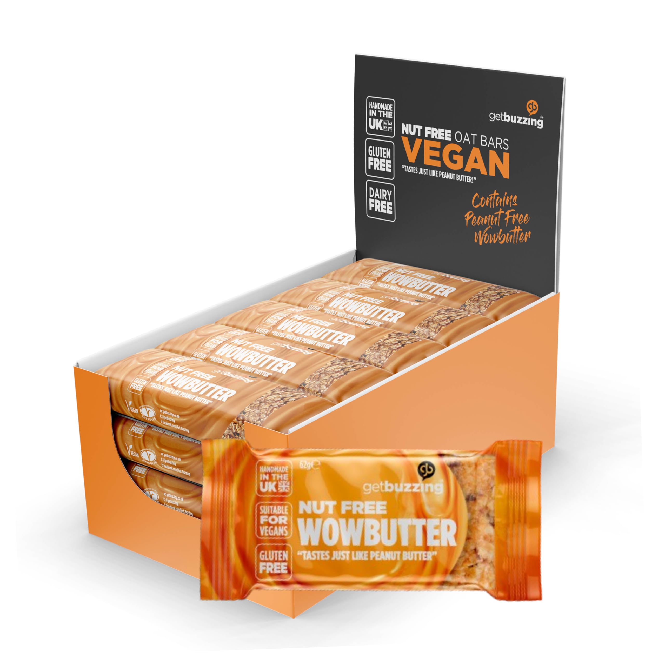 Getbuzzing Nut Free Oat Flapjack Healthy Snack & Energy Bars - Running,Gym, Cycling - Breakfast Snack - Made in The UK - Wowbutter Pack of 20 x 62g Bars