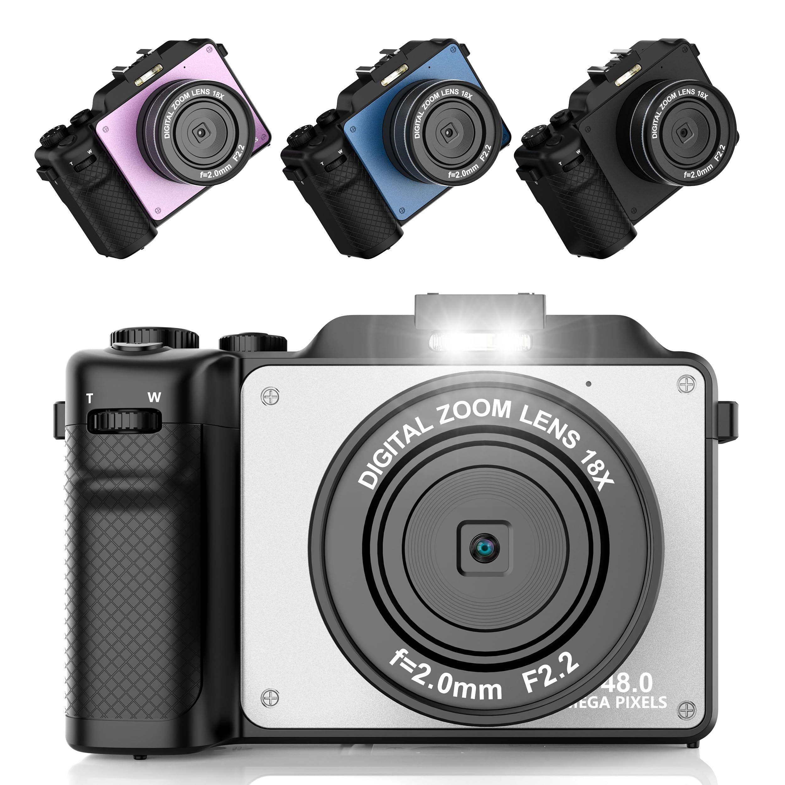 Photo 1 of Digital Camera for Photography, 4K Vlog Camera with 4 Changeable Colors, Dual Cam Front and Rear, 7 Color Filters, 140°Wide Angle, 18X Zoom, 64G TF Card & Hand Strap