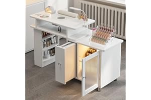 TTGIEET Manicure Table w/LED Light & Lamp, Nail Desk Nail Tech Table w/Dust Collector & Charging Station, Nail Station w/Acrylic Display Rack, Drawers & Glass Door Cabinet (White)