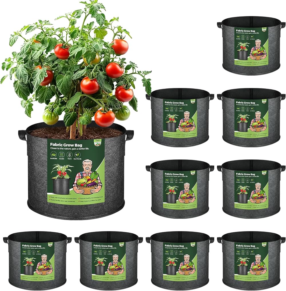 T4U Grow Bags with Handles 10 Gallon Pack of 10 for Tomatoes Potatoes