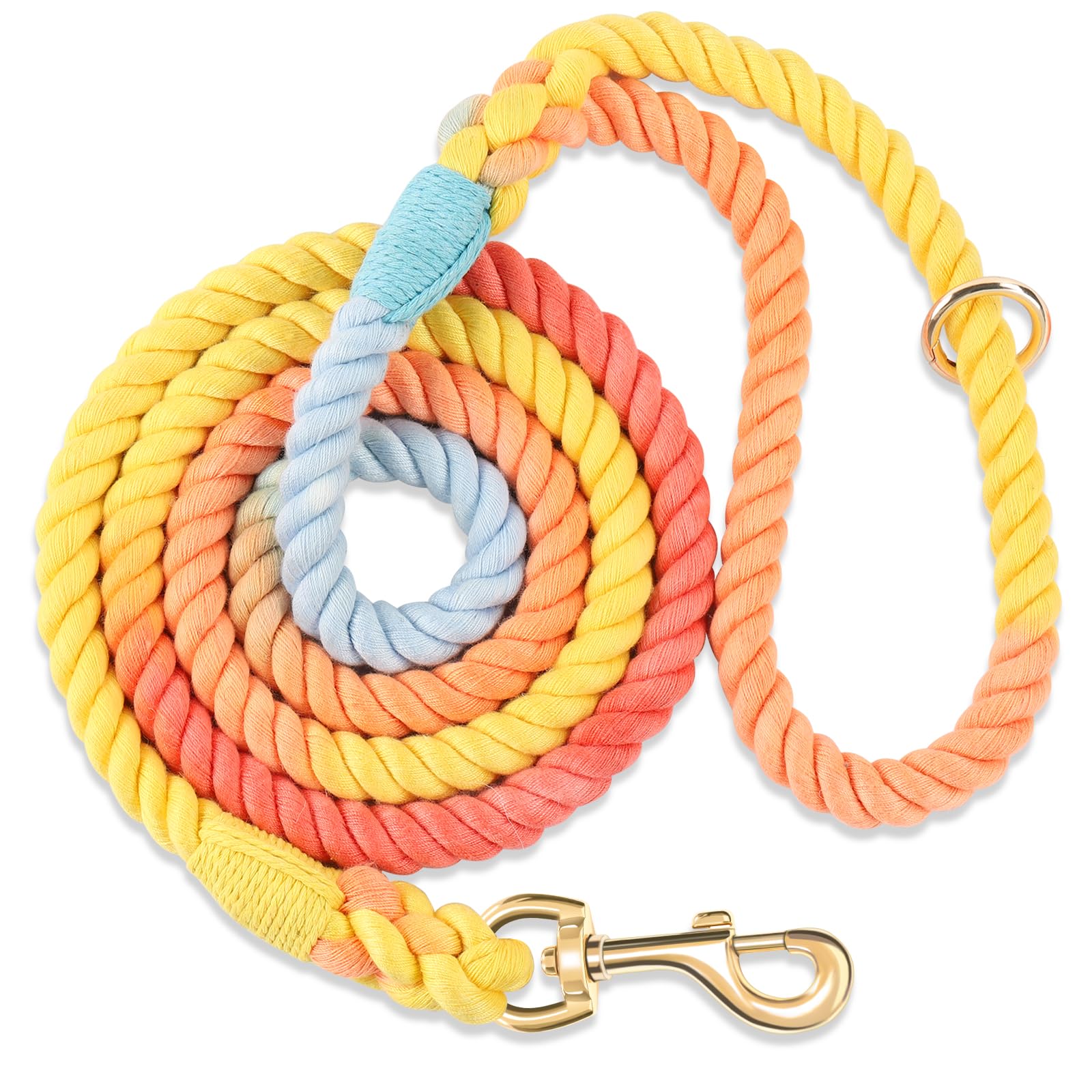 NUGUTIC Handmade Braided Cotton Rope Leash with Heavy Duty Metal Clasp, Cute Wedding Dog Leash (Colorful Rainbow, 5 FT)
