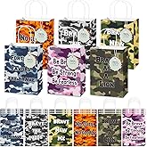 Affrolling 30 Sets Camo Gift Bags Camouflage Birthday Party Favor Goodie Bag with Round Thank You Card Camouflage Themed Multicolor Gift Handbag for Veterans Birthday Party Favor Baby Shower Supplies
