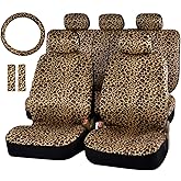 AUTOFAN Leopard Car Seat Covers Full Set with Steering Wheel Cover 2 Seat Belt Pads, Cheetah Print Seat Covers for Cars for Women,Airbag Compatible,Universal Fits for Cars,SUV,Truck