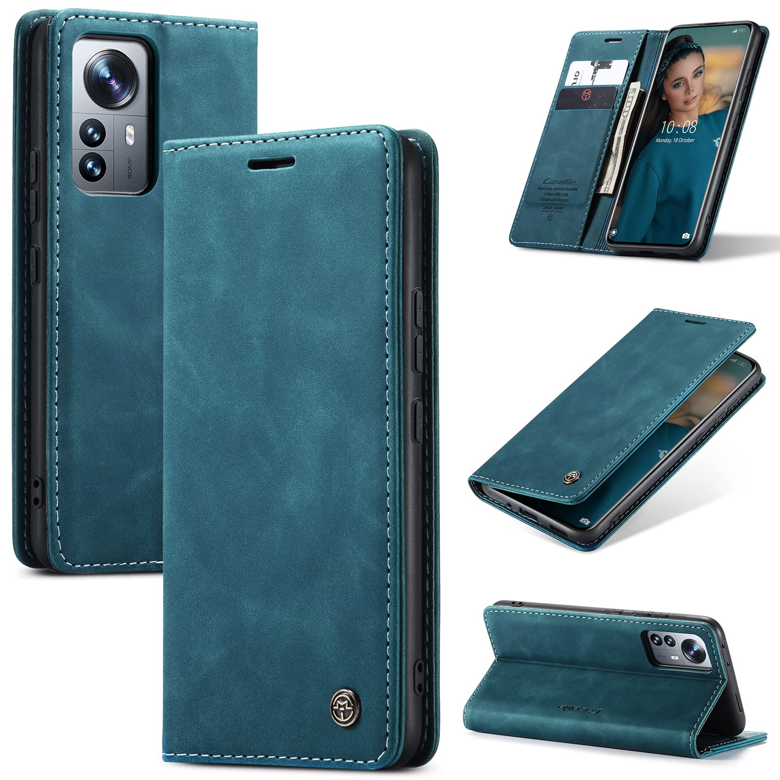 UFinetech Case for Xiaomi 12 Pro, Leather TPU Cover Shell Xiaomi 12 Pro 5G, Slim Flip Folio Magnetic Closure Kickstand Card Holder Wallet 2-in-1 Shockproof Anti-scratch Camera Protector 2022, Blue — image 1