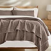 EVERGRACEHOME Cotton Coverlet Set Full Queen Size 3 Pieces, Lightweight Soft Ribbed Matelassé Bedspread Quilt Set, Cozy Oversized Quilted Bedding Set with 2 Pillow Shams for All Seasons, Mocha Brown