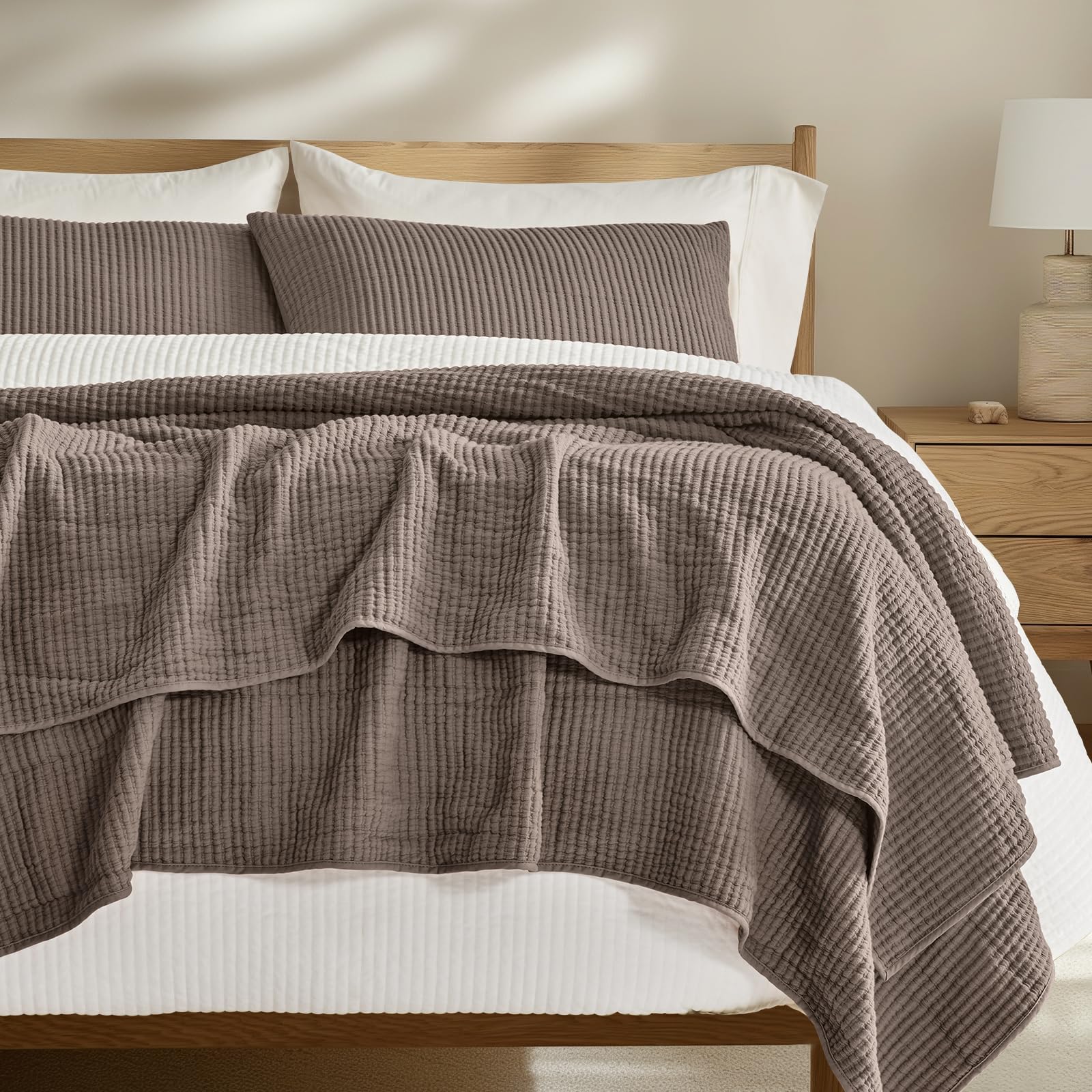 Photo 1 of EVERGRACEHOME Cotton Coverlet Set Full Queen Size 3 Pieces, Lightweight Soft Ribbed Matelassé Bedspread Quilt Set, Cozy Oversized Quilted Bedding Set with 2 Pillow Shams for All Seasons, Mocha Brown
