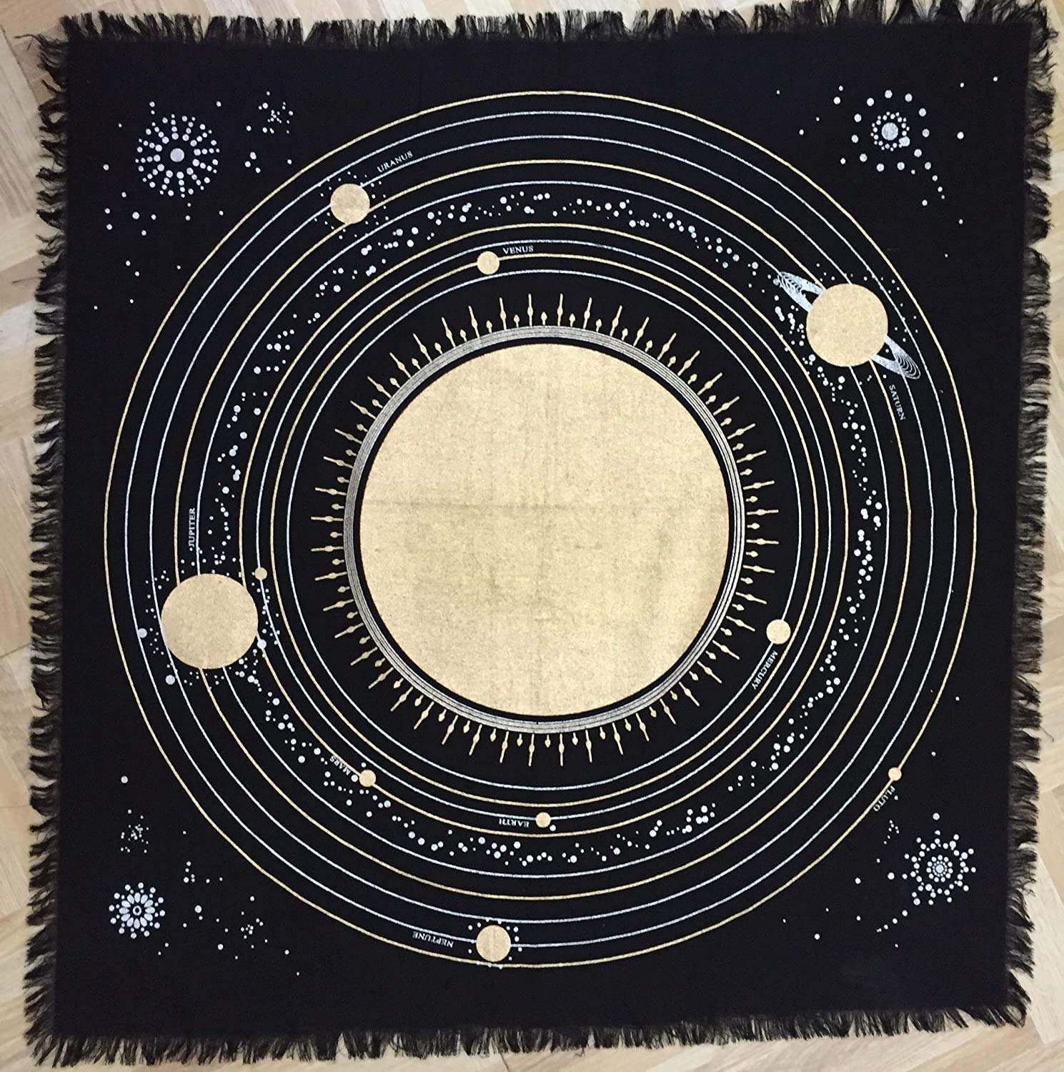 Altar cloth 24 x 24 inches Gold Silver Tarot Table Cloth Spiritual Moon Stars Wall Tapestry Outer Space Galaxy Tapestry Universe Starry Mat Prints Board Game Table Cover (Solar System)