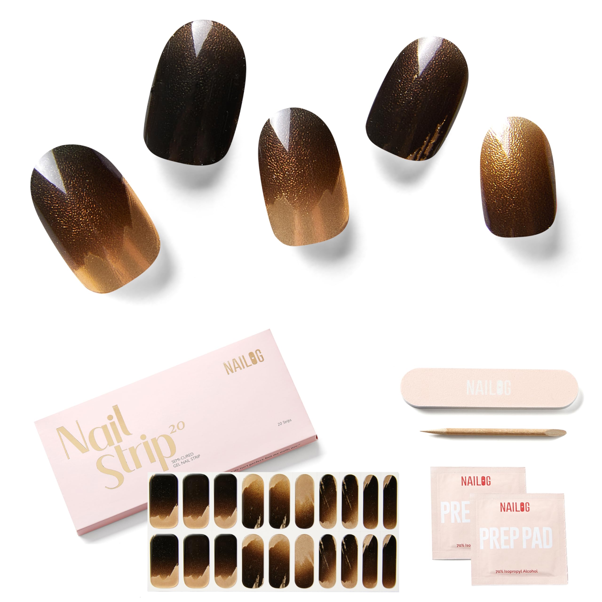 NAILOG Semi Cured Gel Nail Strips Glossy & Long Lasting Soft Gel Finish (20 Extra Long Stickers) | Wraps,Flashlight — image 1