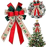 HIENAJ Large Christmas Bow for Wreath - Vintage Red Ribbon Tree Topper - Merry Christmas Words Velvet Bows for Indoor Outdoor Xmas Party Decoration, Home Ornament Supplies
