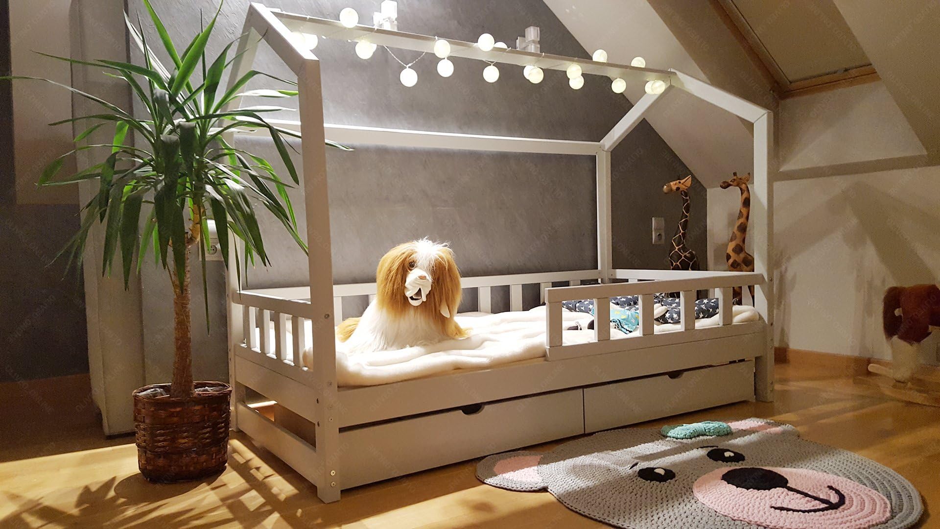 Oliveo House bed with barriers and drawer, children bed house, bed for children, kids bed,home bed (160 x 90 cm, Natural wood)