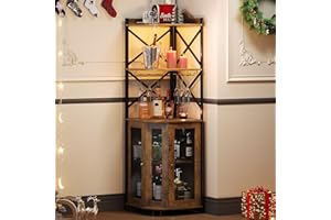 JKsmart Corner Bar Cabinet with LED Lights, 5-Tier Industrial Wine Bar Cabinet with Glass Holder, Farmhouse Liquor Cabinets with Shelf and Door, Home Bar for Coffee Bars, Rustic Brown