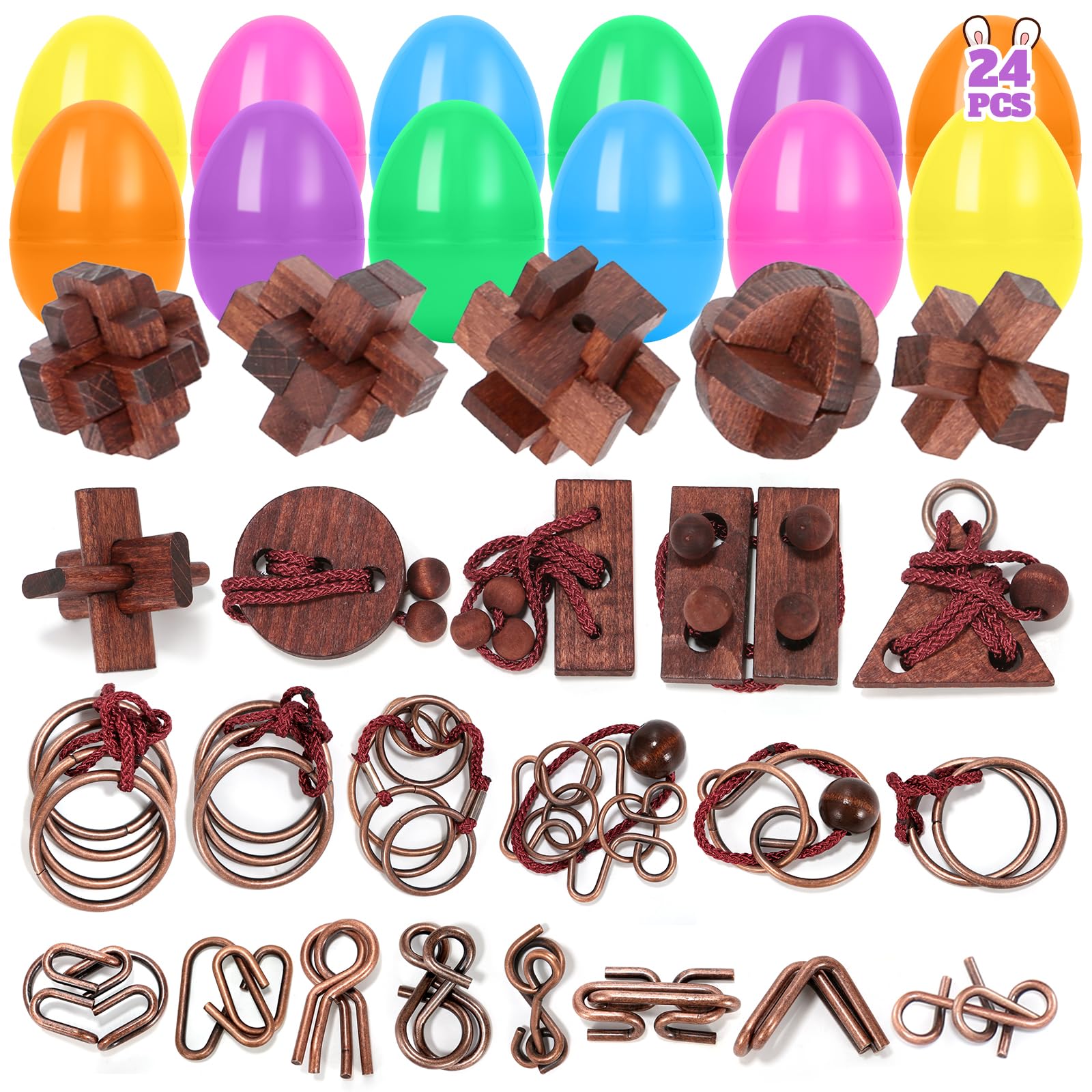 24 Pack Prefilled Easter Eggs with Brain Teaser Puzzles, Easters Eggs Filled for Teens Kids Boys Girls, Easter Basket Stuffers for Kids Teens Adults, Egg Fillers Hunt Game, Classroom Prize Supplies
