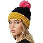 Funky Junque Fuzzy Pom Beanie for Women – Sherpa Lined Cozy Winter Hat, Warm Colorblock Beanies for Cold Weather Style