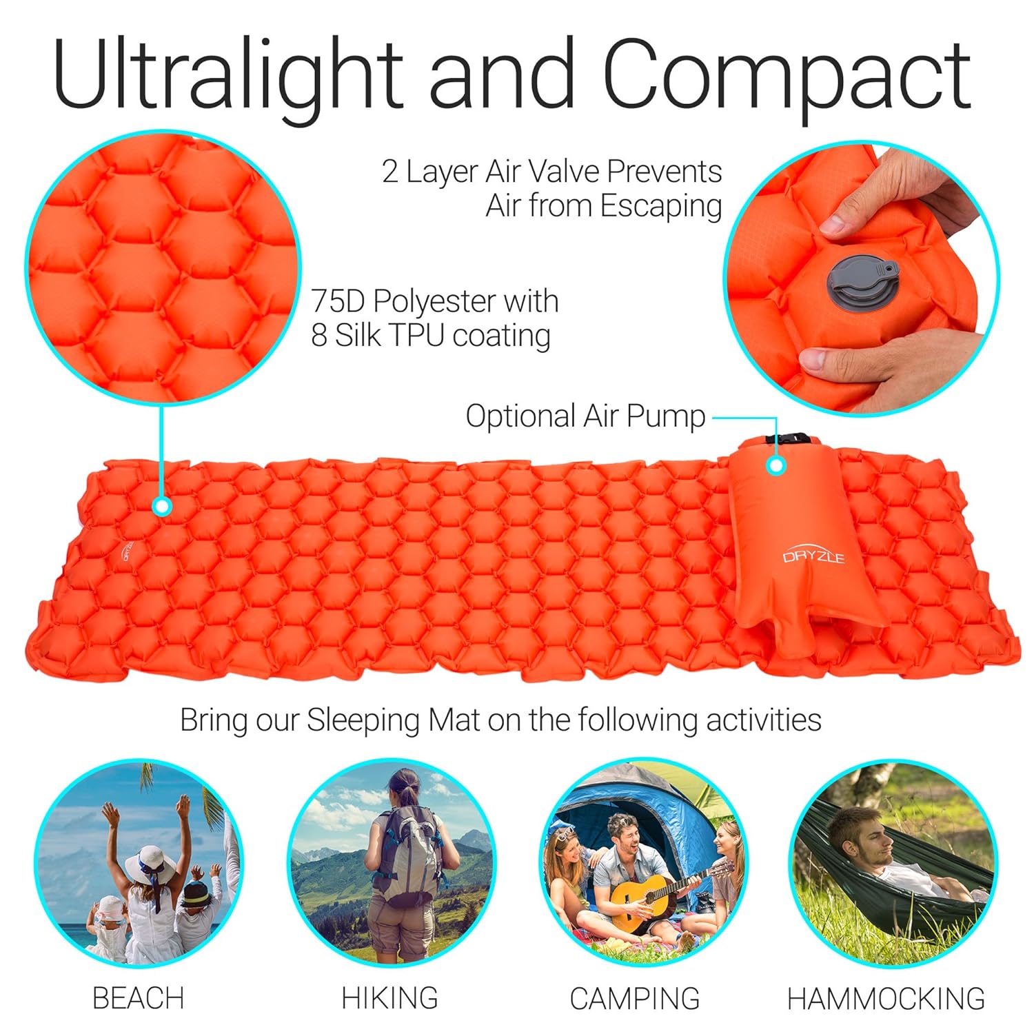 Travel Portable Blow Up Mat Great for Backpacking Dryzle Inflatable