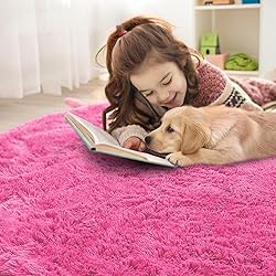 OLANLY Hot Pink Round Rugs for Bedroom - Machine