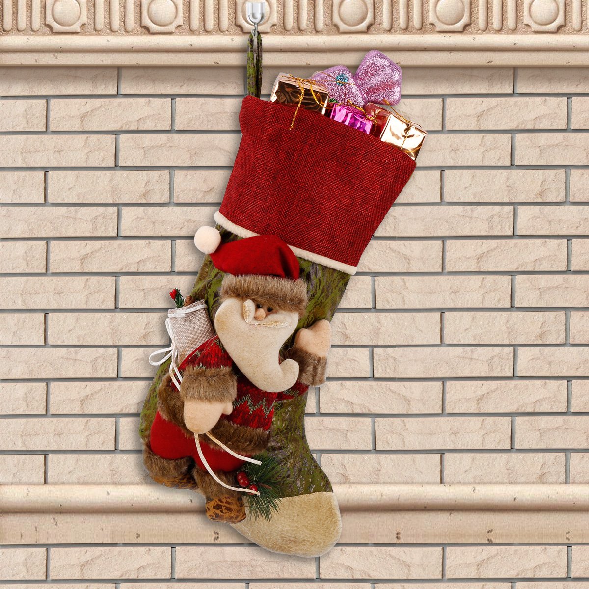 3D Vif Rétro Personnalisé Chaussettes de Noël Décoration de la Maison Arbre de Noël Cheminée Suspension Nouvel An Chaussettes de Noël Bonbon de Christmas Présent Décoration Chaussettes Sac (Père Noël)