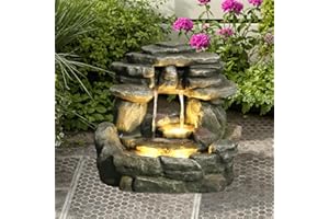 Bumilgar 15.6''H Small Rock Water Fountain Outdoor&Indoor, 3-Tier Garden Waterfall with Warm Lights and 2 Flows for Patio, Backyard, Deck, Porch, Home DéCor, Stone Gray