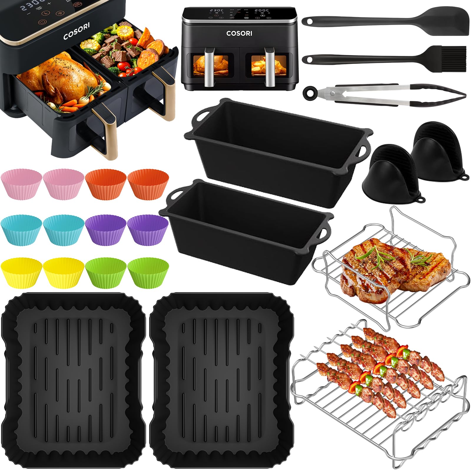 Airfryer Zubehör für COSORI Heißluftfritteuse Zubehör Dual Zone 8.5 L,Wiederverwendbares Airfryer Zubehör Einschließlich Silikonformen, Grillrost, Brotbackformen für COSORI R903/R901 Airfryer