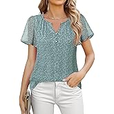 Furnex Women's Short Sleeve Floral Tops Double Layers Chiffon Blouses Office Work Shirts