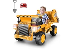 Hikole 12V 4WD Ride on Toys Car for Kids 4-8 with Remote Control, Ride on Dump Truck w/Electric Dump Bed and Extra Shovel, Electric Car for Kids Ages 4-8 with Music Player, Led Light, Yellow