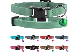 Murom Breakaway Cat Collar Leather Soft Adjustable Pet Kitten Collars with Bell Pink Brown Blue Green Red (Green)