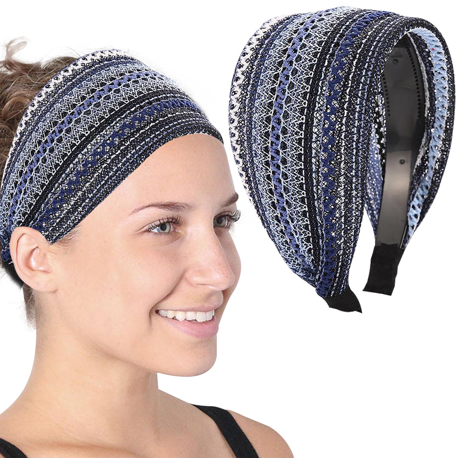 Blue Extra Wide Hard Headbands, Boho Headband with Teeth Large Non Slip Headbands Fabric Hair Hoop Headwrap Fashion Hairbands Hair Accessories for Women Girls